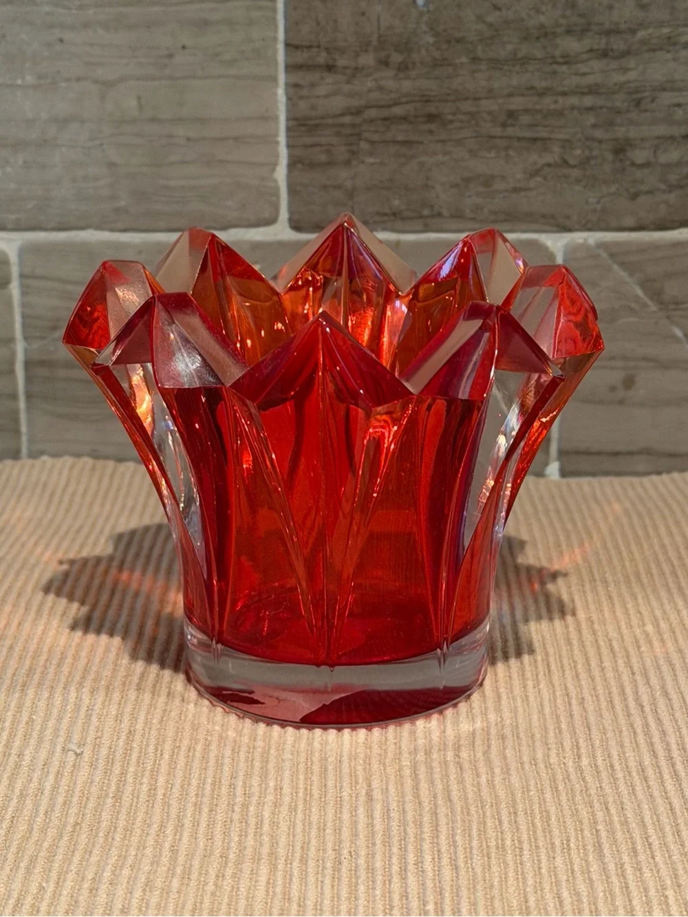 Vintage Mikasa Red Crystal Skyline Votive Candle Holder Czech Republic